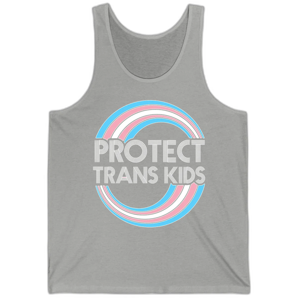 Protect trans kids pride design with blue, pink, and white rainbow circles and striped lettering in Athletic Heather