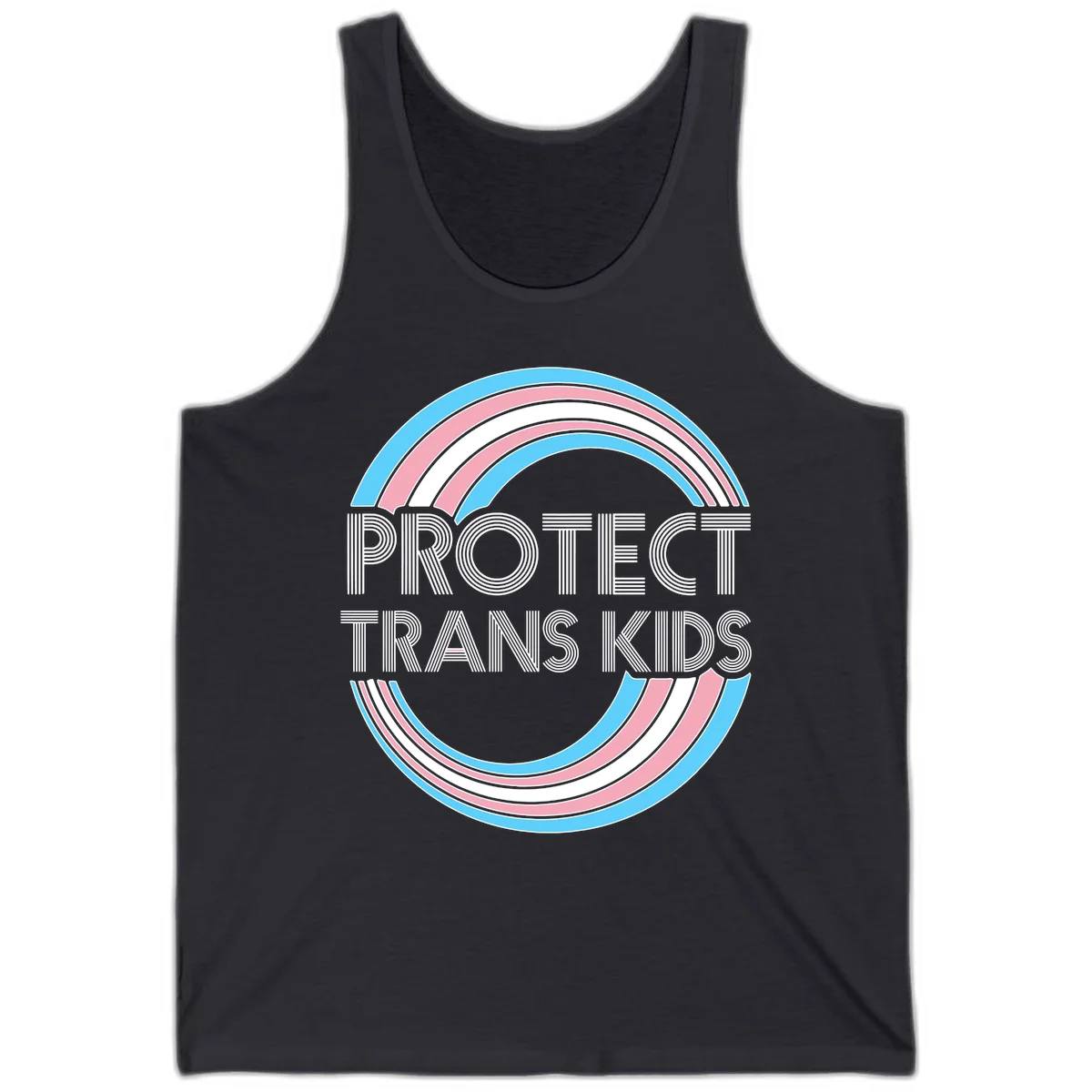 Protect trans kids pride design with blue, pink, and white rainbow circles and striped lettering in Dark Grey