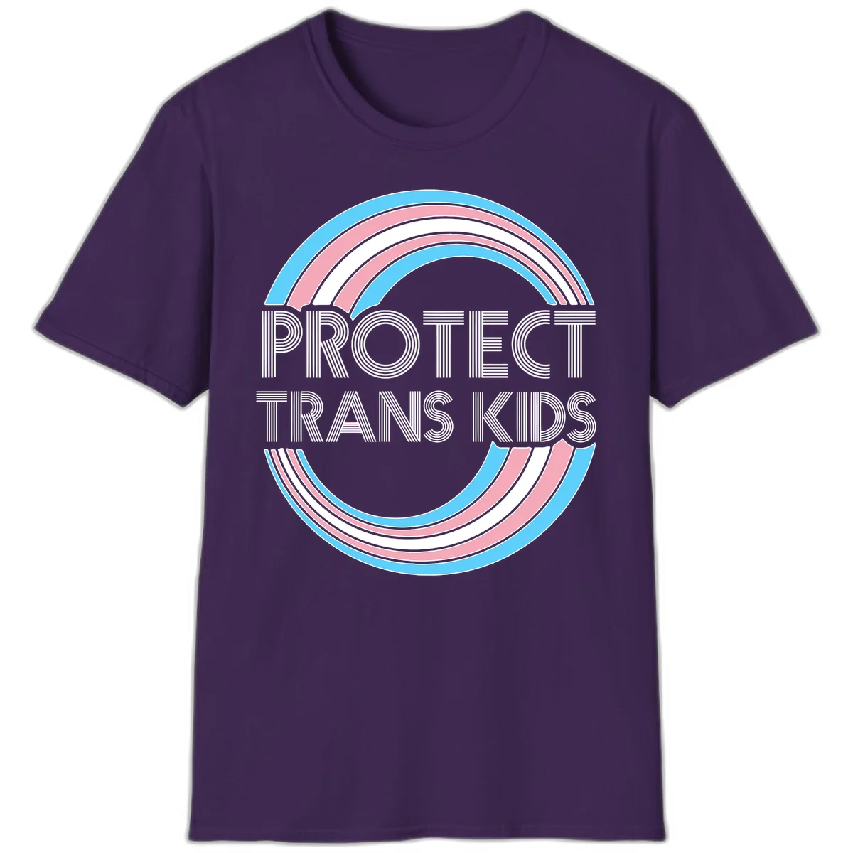Protect trans kids pride design with blue, pink, and white rainbow circles and striped lettering in Purple