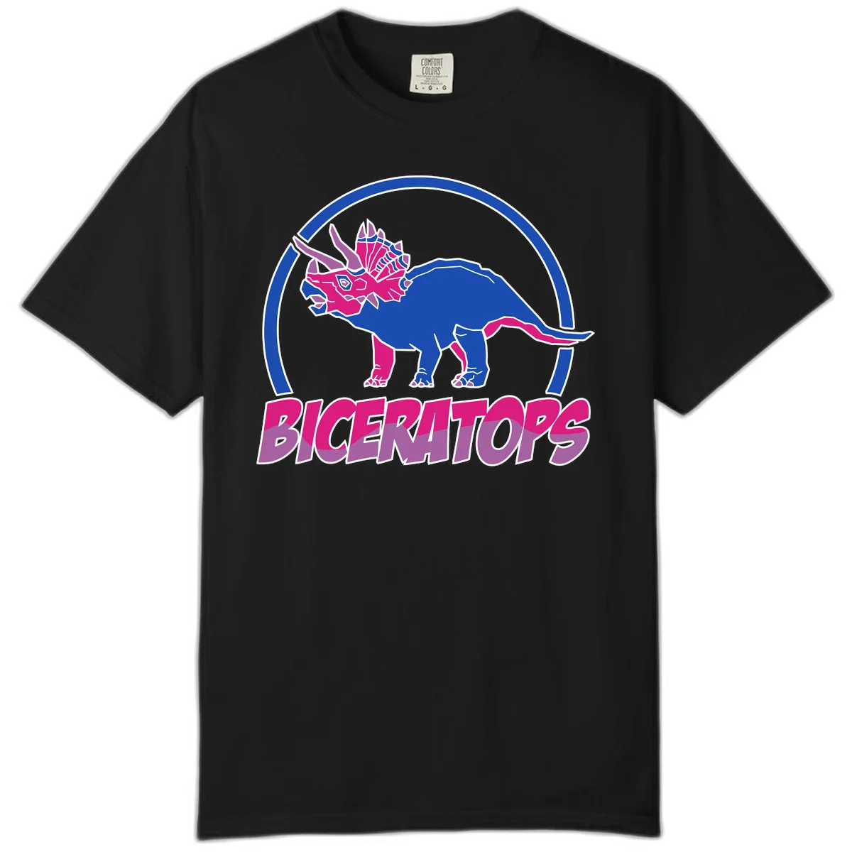 Blue and hot pink geometric triceratops dinosaur mascot inside circular badge with 'Biceritors' text below in Black