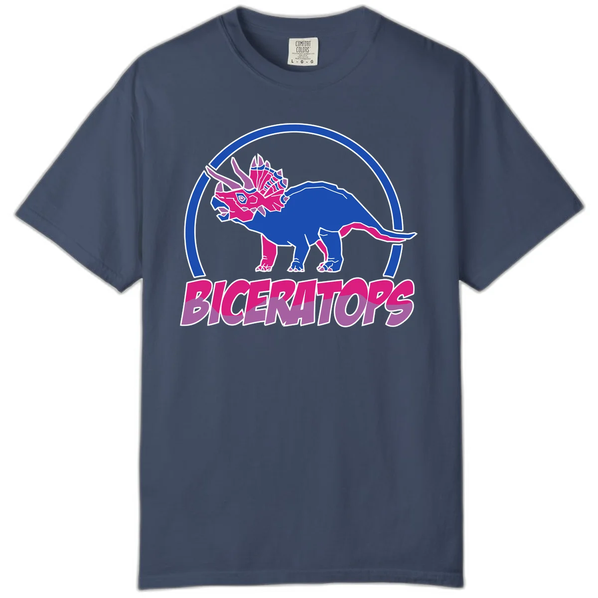 Blue and hot pink geometric triceratops dinosaur mascot inside circular badge with 'Biceritors' text below in Midnight