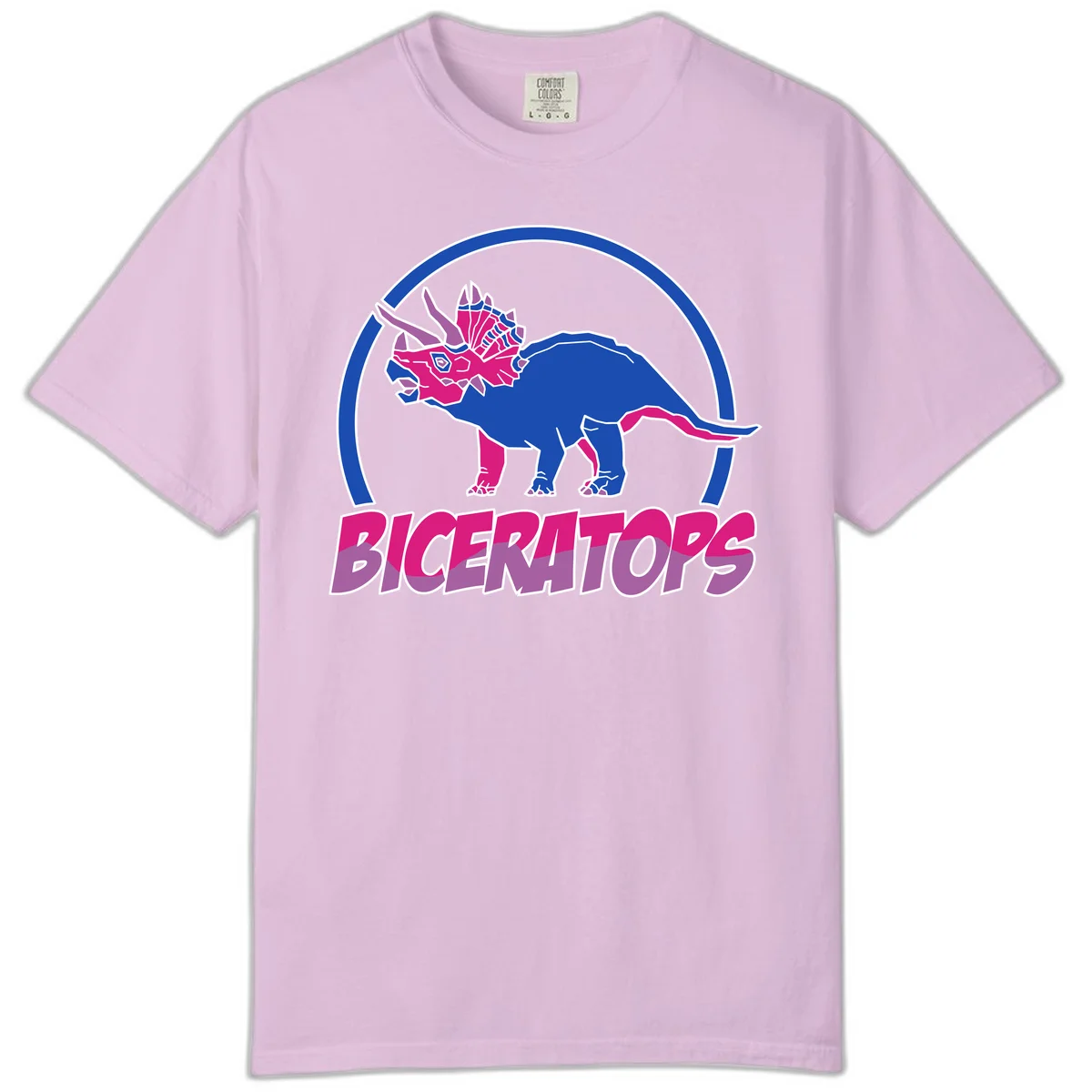 Blue and hot pink geometric triceratops dinosaur mascot inside circular badge with 'Biceritors' text below in Orchid