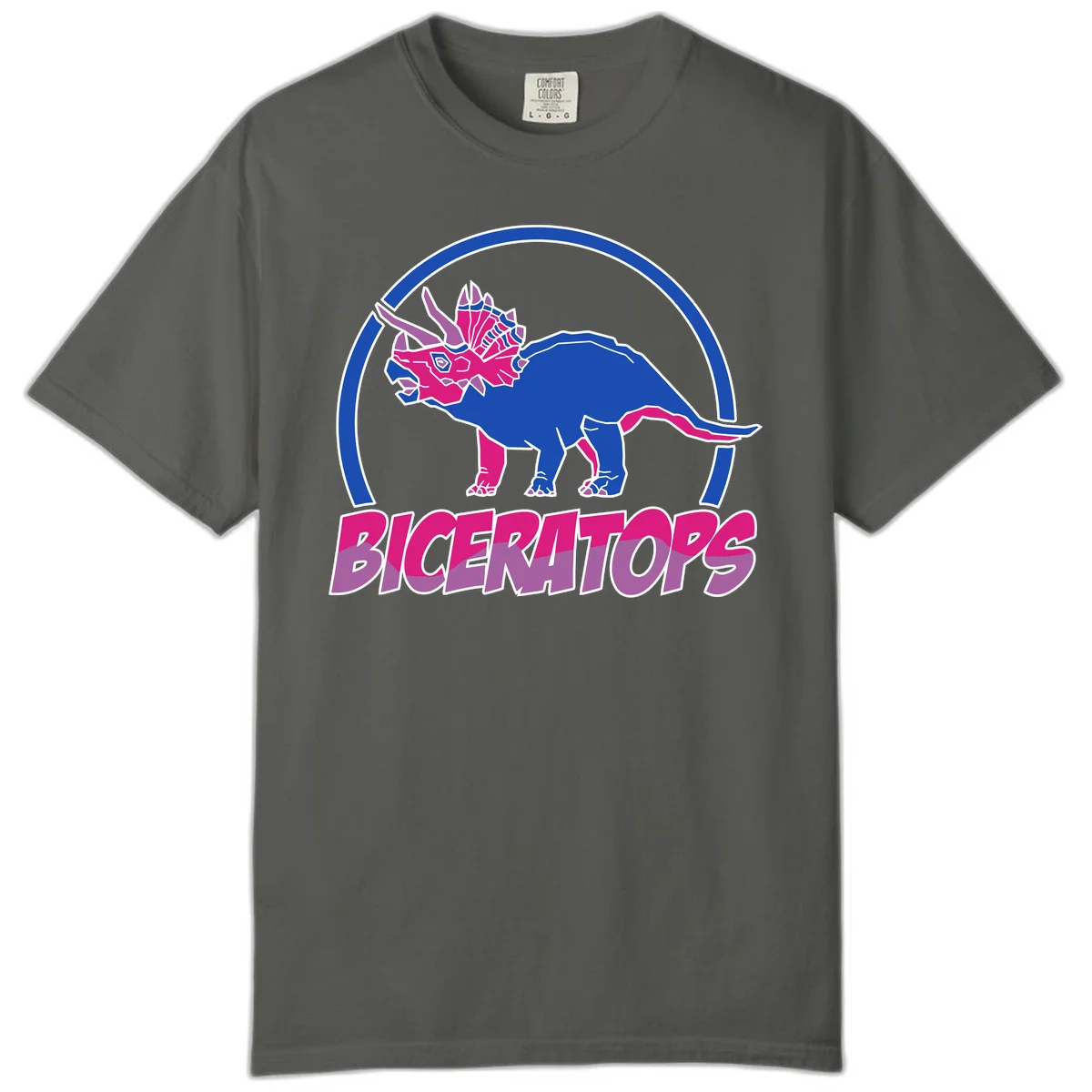 Blue and hot pink geometric triceratops dinosaur mascot inside circular badge with 'Biceritors' text below in Pepper