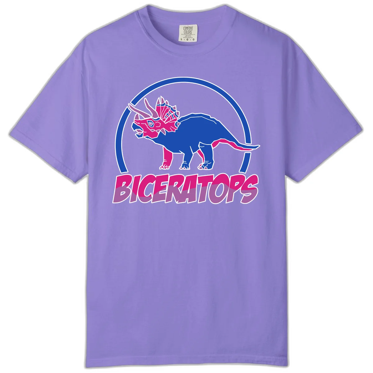 Blue and hot pink geometric triceratops dinosaur mascot inside circular badge with 'Biceritors' text below in Violet