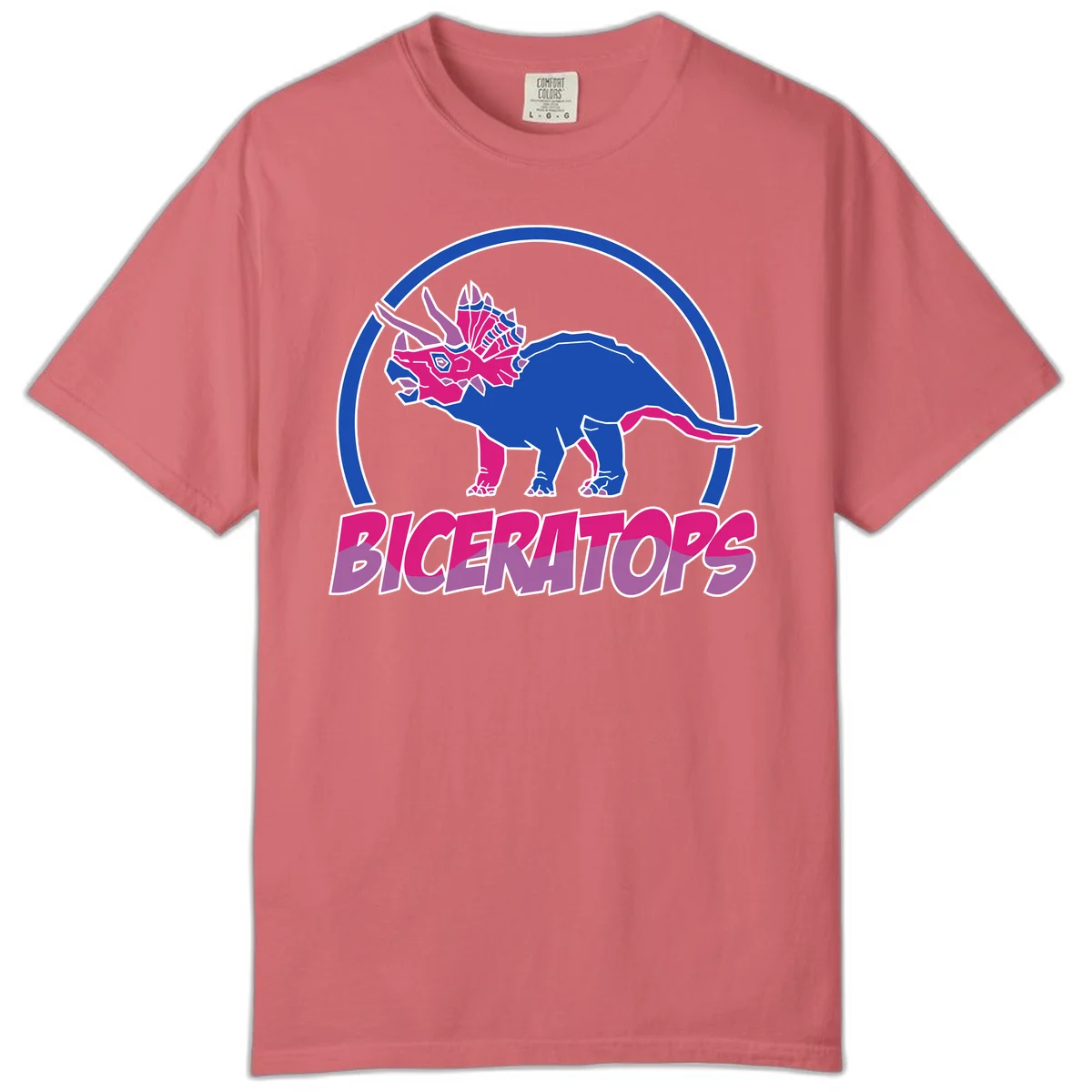 Blue and hot pink geometric triceratops dinosaur mascot inside circular badge with 'Biceritors' text below in Watermelon