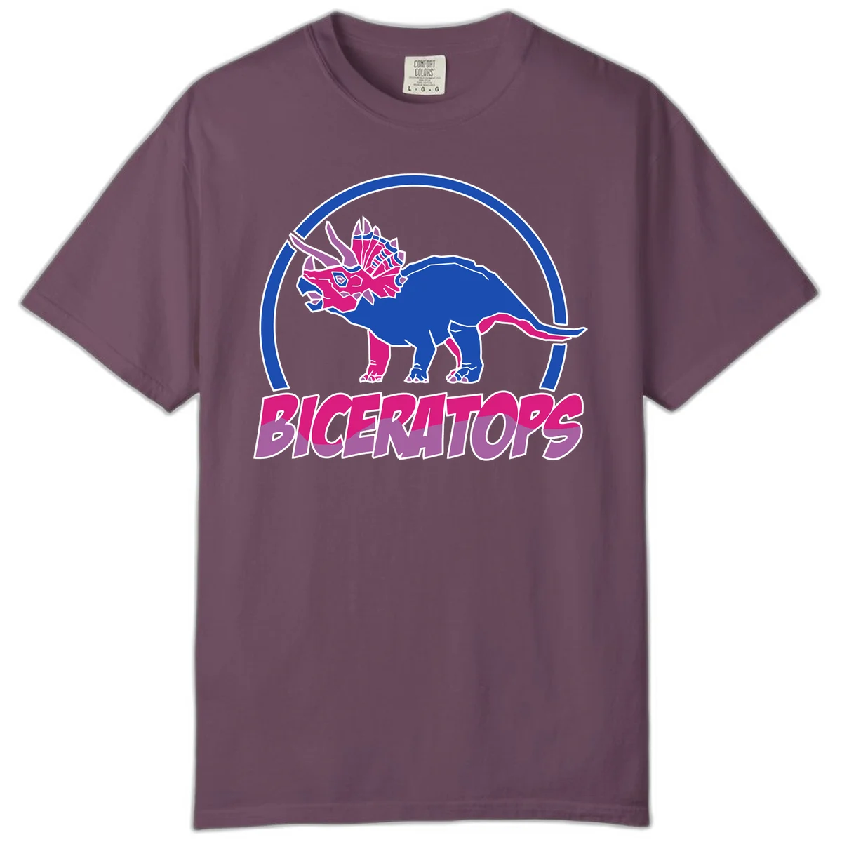 Blue and hot pink geometric triceratops dinosaur mascot inside circular badge with 'Biceritors' text below in Berry