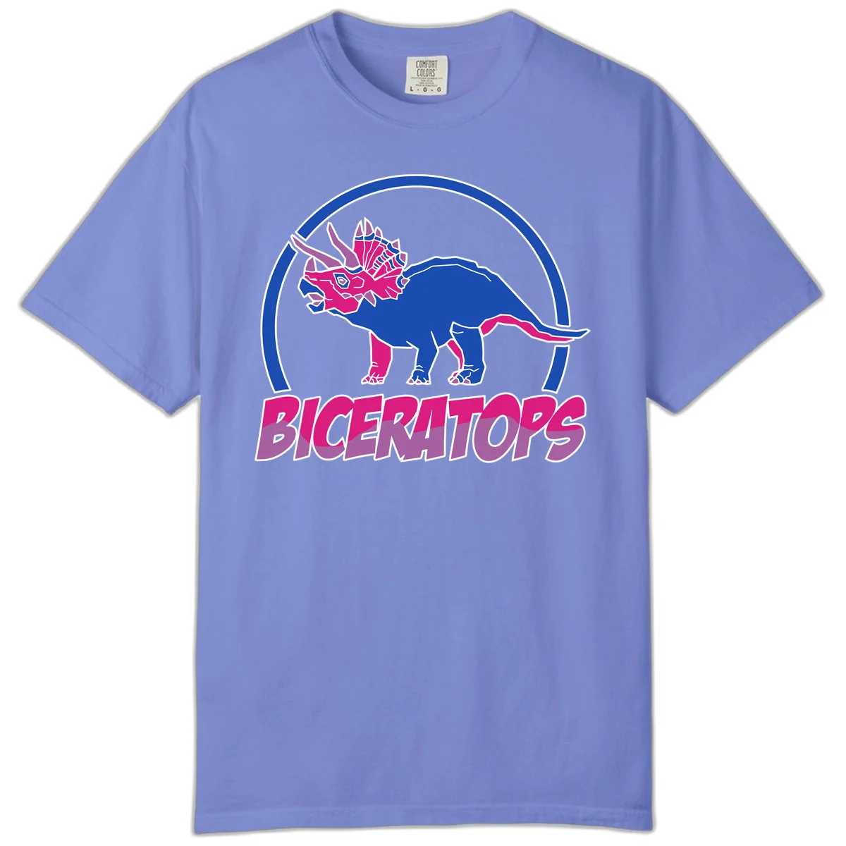 Blue and hot pink geometric triceratops dinosaur mascot inside circular badge with 'Biceritors' text below in Flo Blue