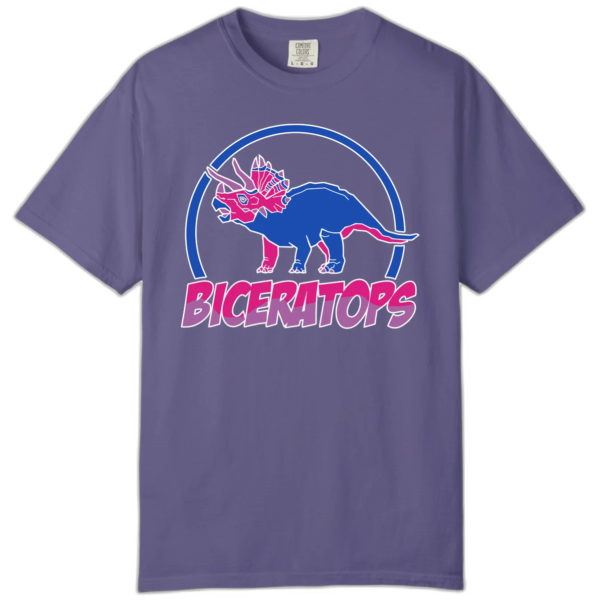 Blue and hot pink geometric triceratops dinosaur mascot inside circular badge with 'Biceritors' text below in Grape