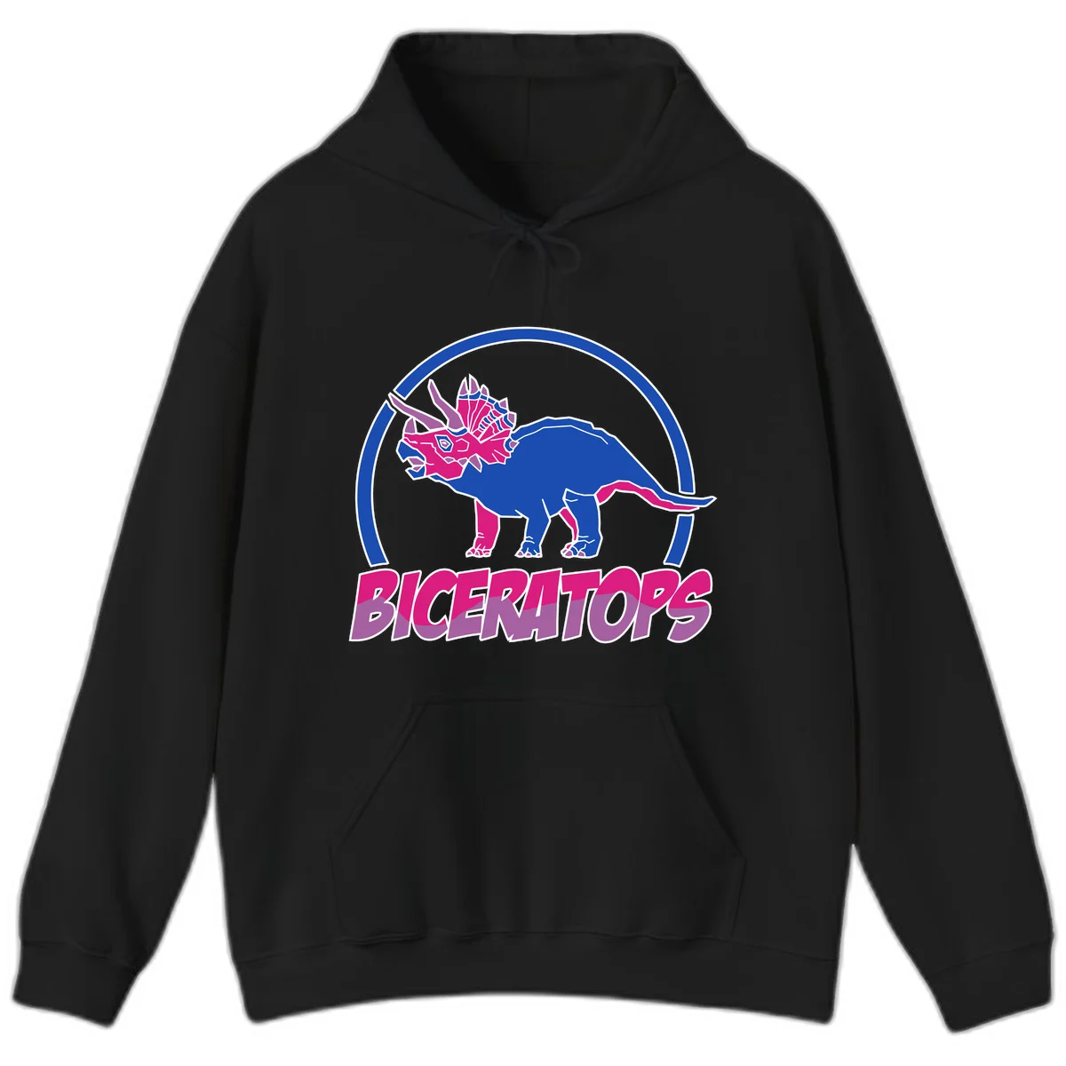Blue and hot pink geometric triceratops dinosaur mascot inside circular badge with 'Biceritors' text below in Black