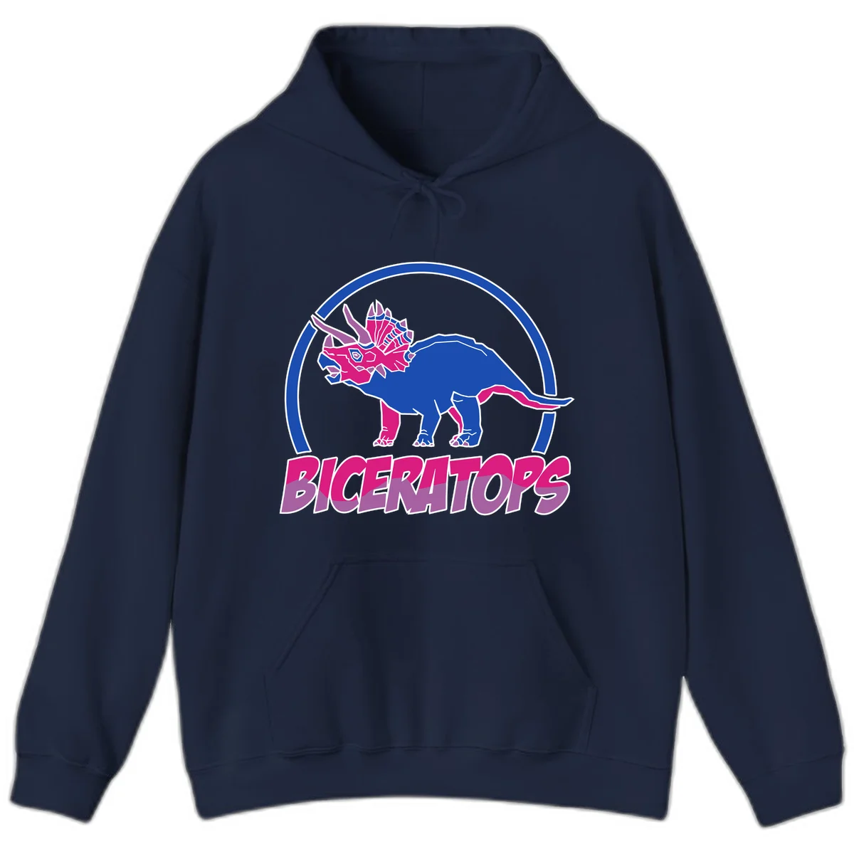 Blue and hot pink geometric triceratops dinosaur mascot inside circular badge with 'Biceritors' text below in Navy