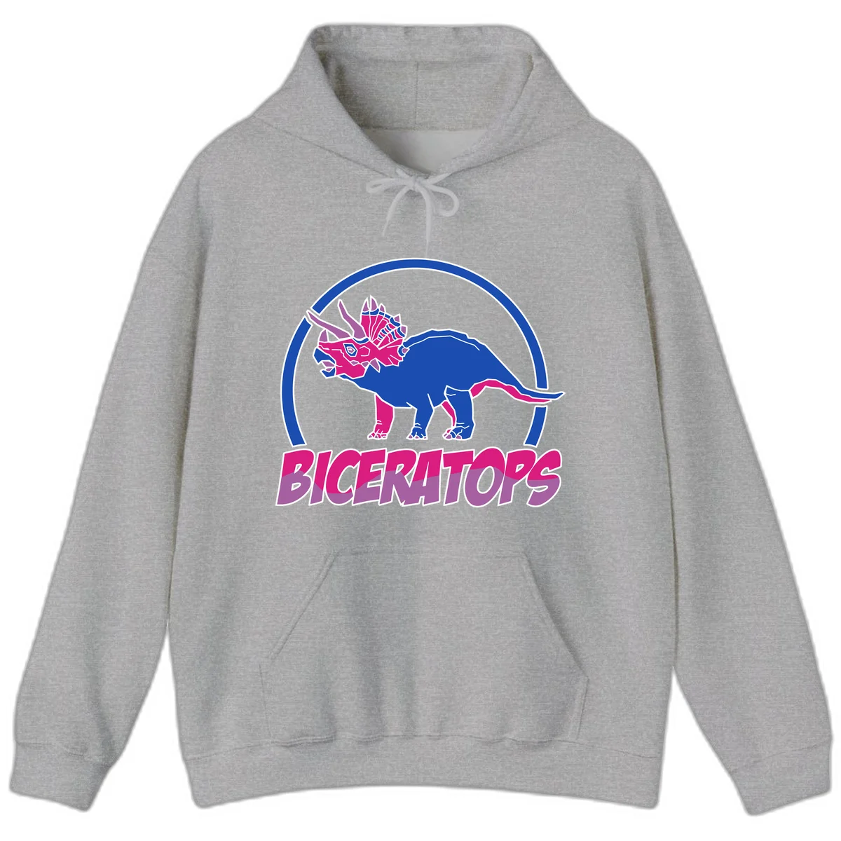 Blue and hot pink geometric triceratops dinosaur mascot inside circular badge with 'Biceritors' text below in Sport Grey