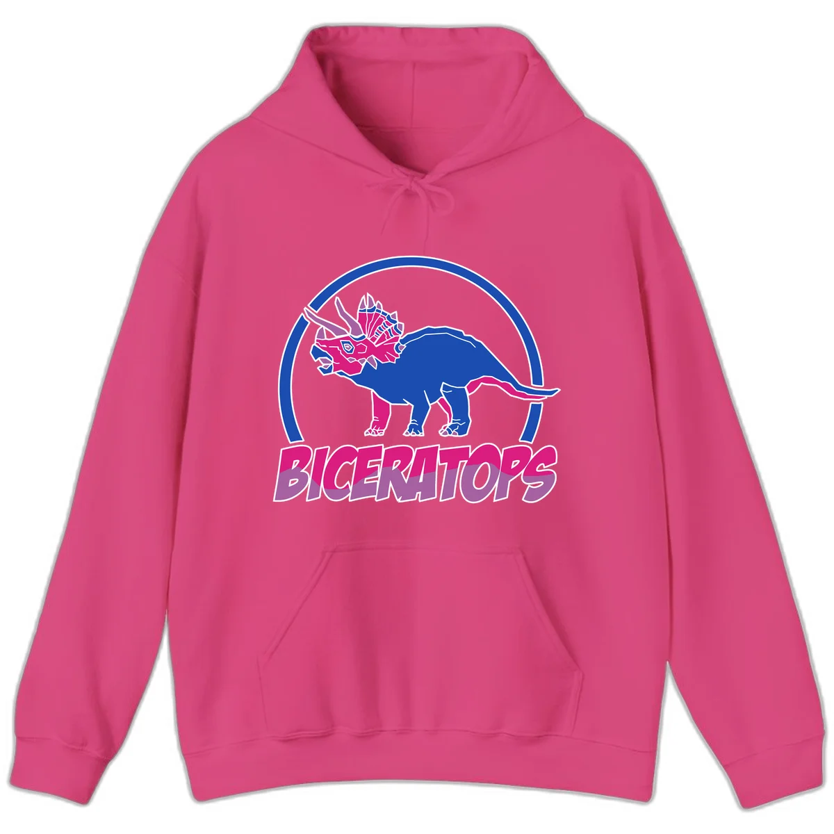 Blue and hot pink geometric triceratops dinosaur mascot inside circular badge with 'Biceritors' text below in Heliconia
