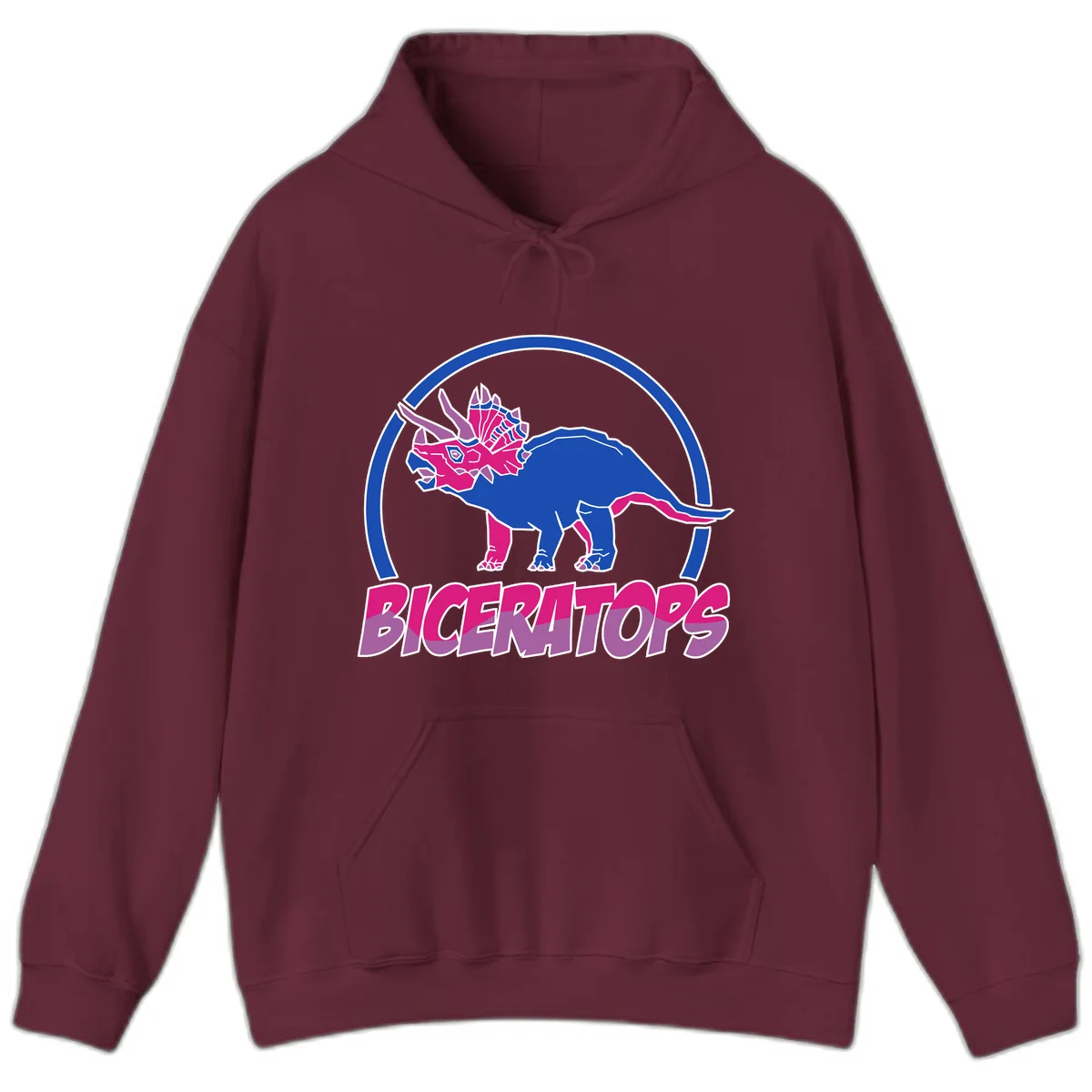 Blue and hot pink geometric triceratops dinosaur mascot inside circular badge with 'Biceritors' text below in Maroon
