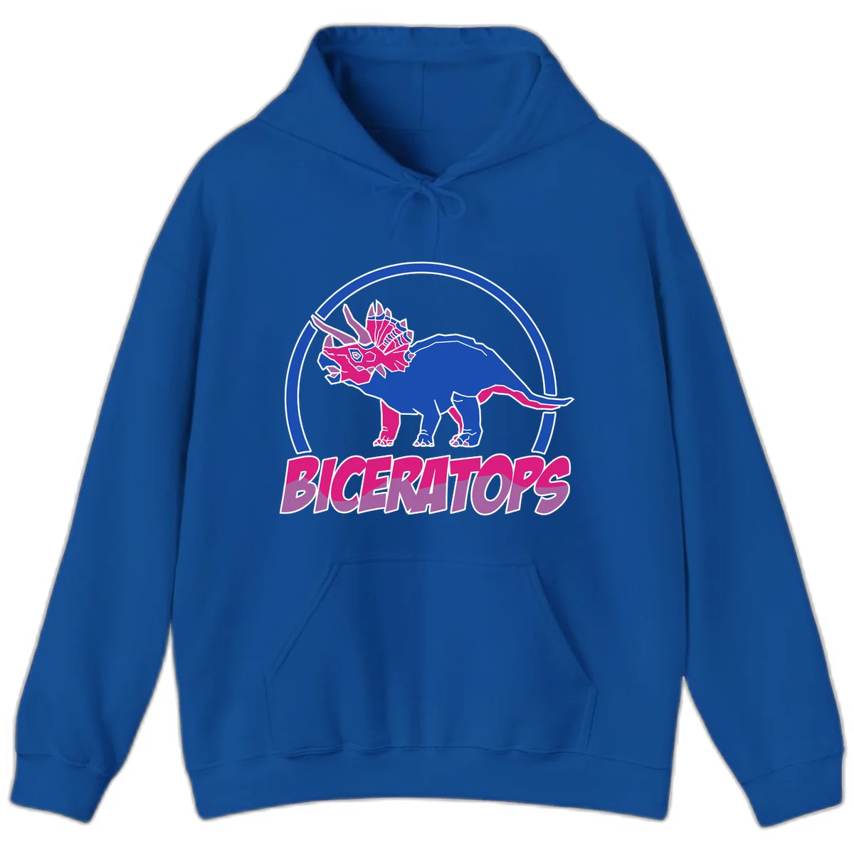 Blue and hot pink geometric triceratops dinosaur mascot inside circular badge with 'Biceritors' text below in Royal