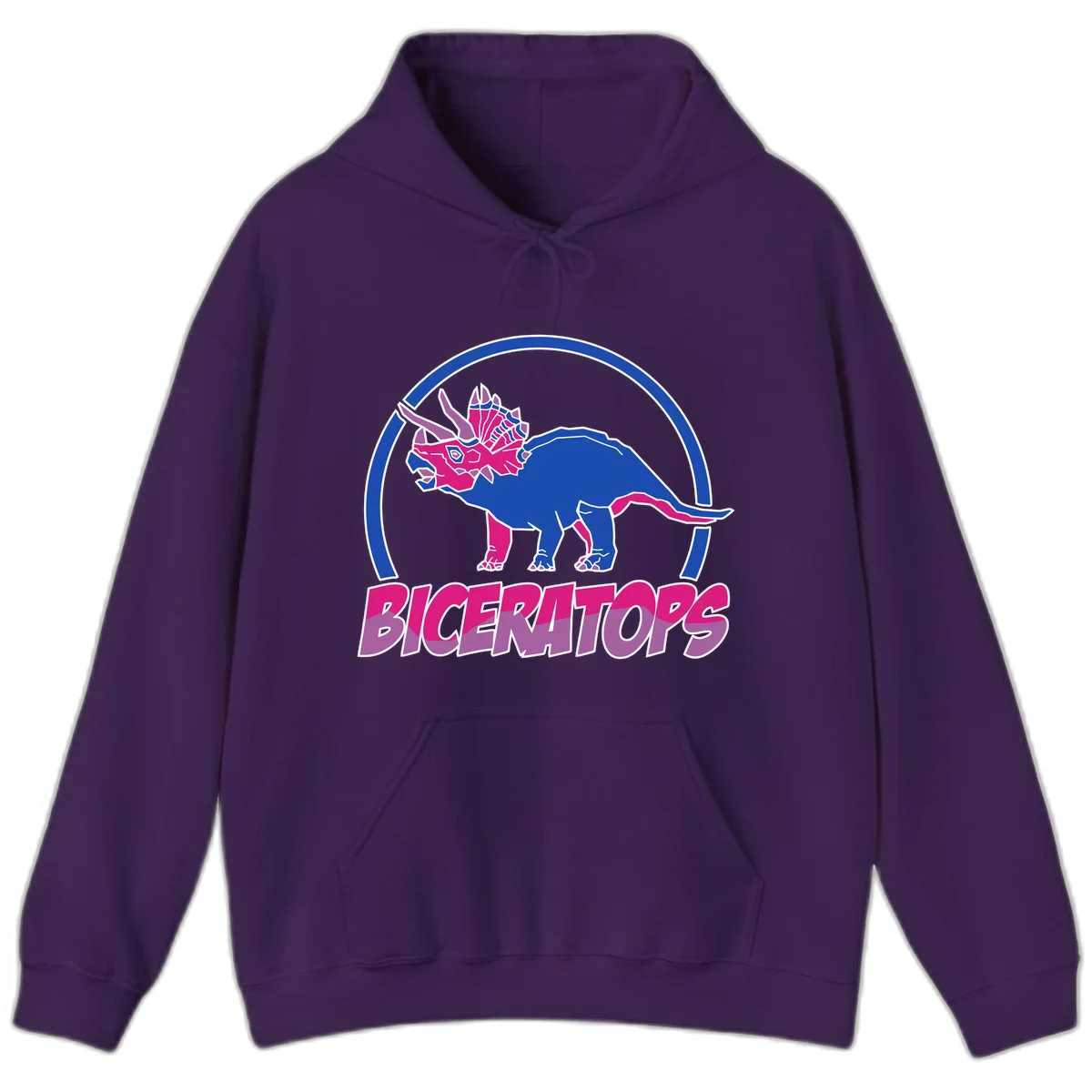 Blue and hot pink geometric triceratops dinosaur mascot inside circular badge with 'Biceritors' text below in Purple