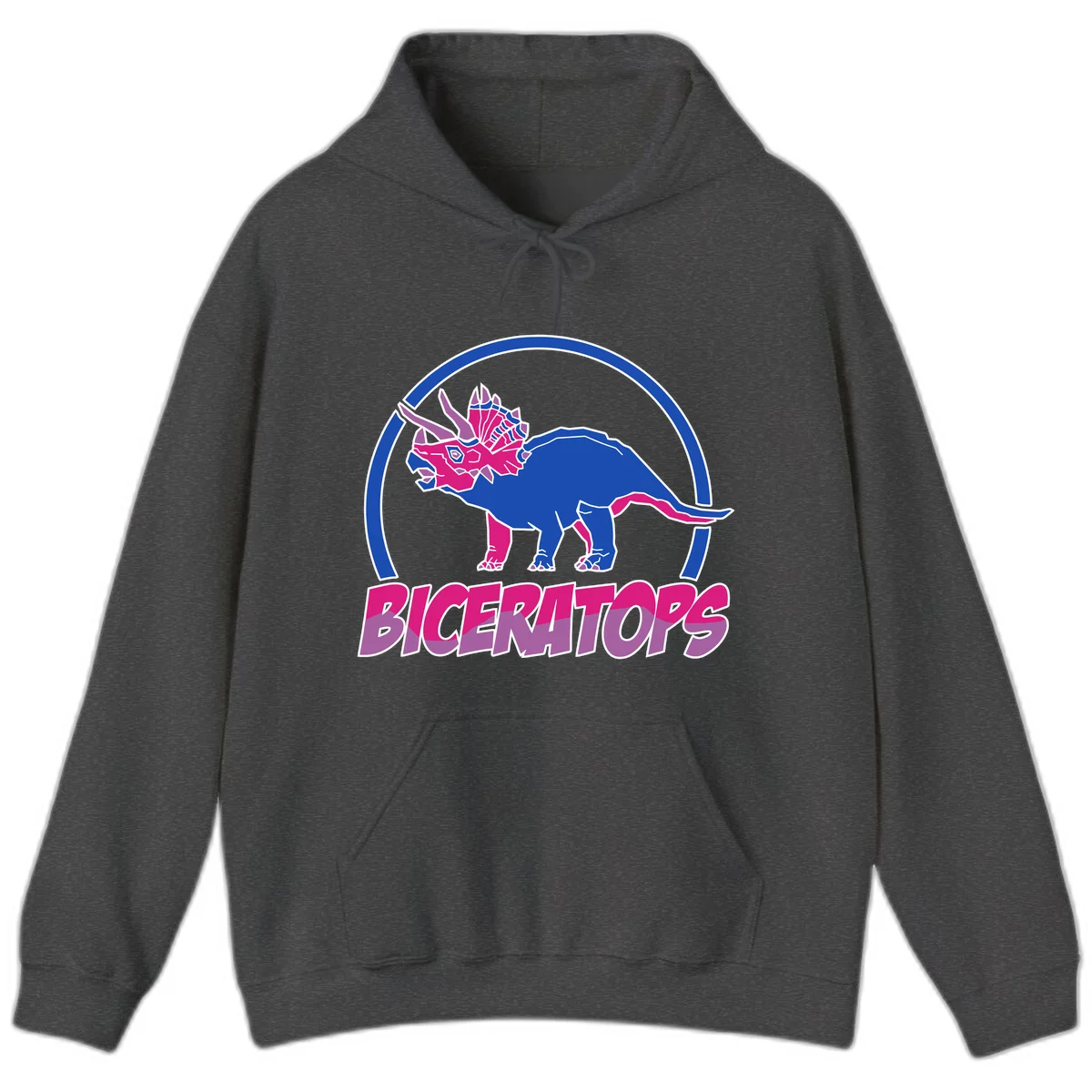 Blue and hot pink geometric triceratops dinosaur mascot inside circular badge with 'Biceritors' text below in Dark Heather
