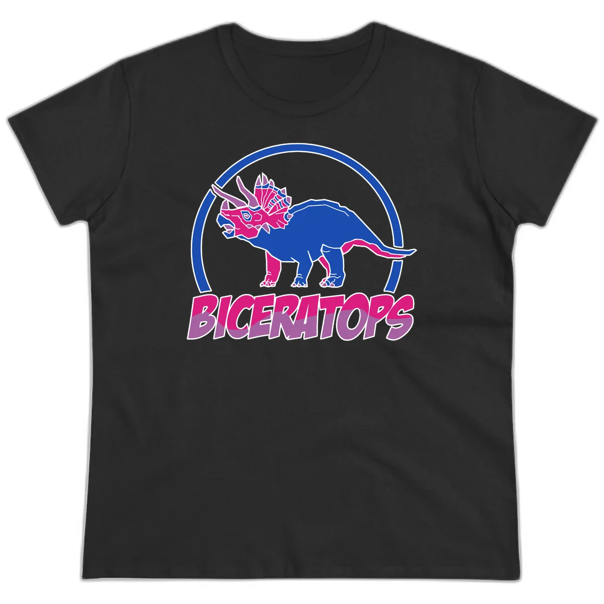 Blue and hot pink geometric triceratops dinosaur mascot inside circular badge with 'Biceritors' text below in Black
