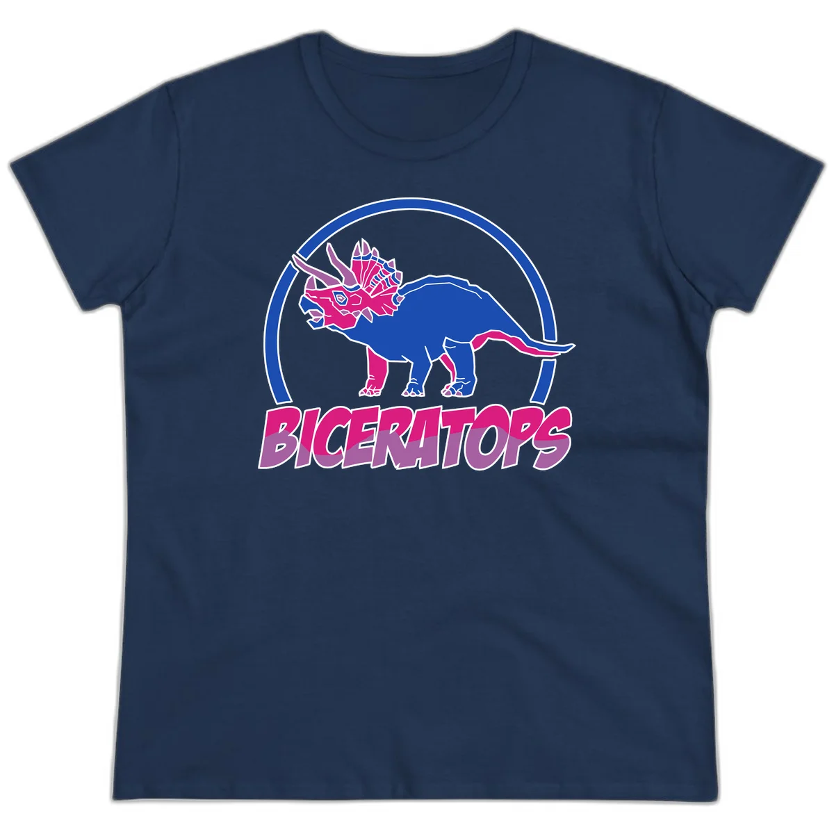Blue and hot pink geometric triceratops dinosaur mascot inside circular badge with 'Biceritors' text below in Navy