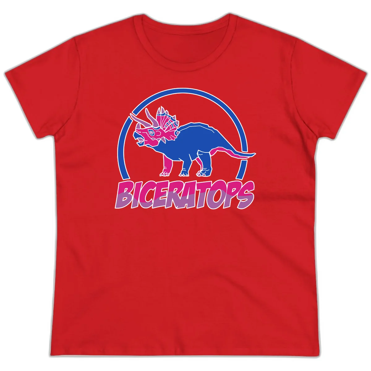 Blue and hot pink geometric triceratops dinosaur mascot inside circular badge with 'Biceritors' text below in Red