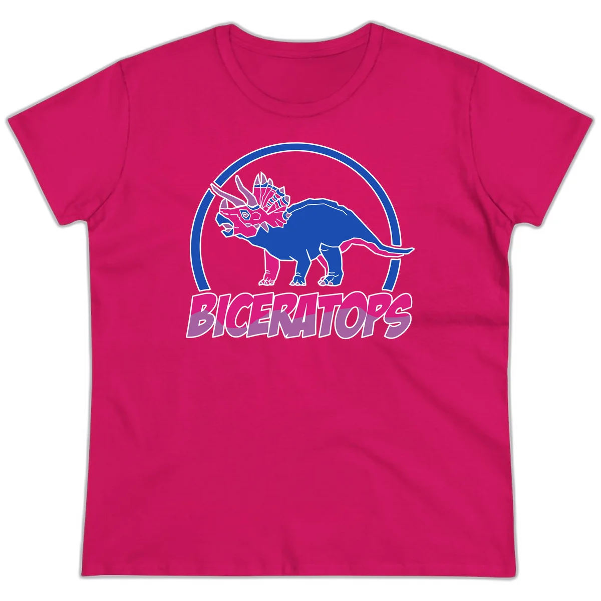 Blue and hot pink geometric triceratops dinosaur mascot inside circular badge with 'Biceritors' text below in Heliconia