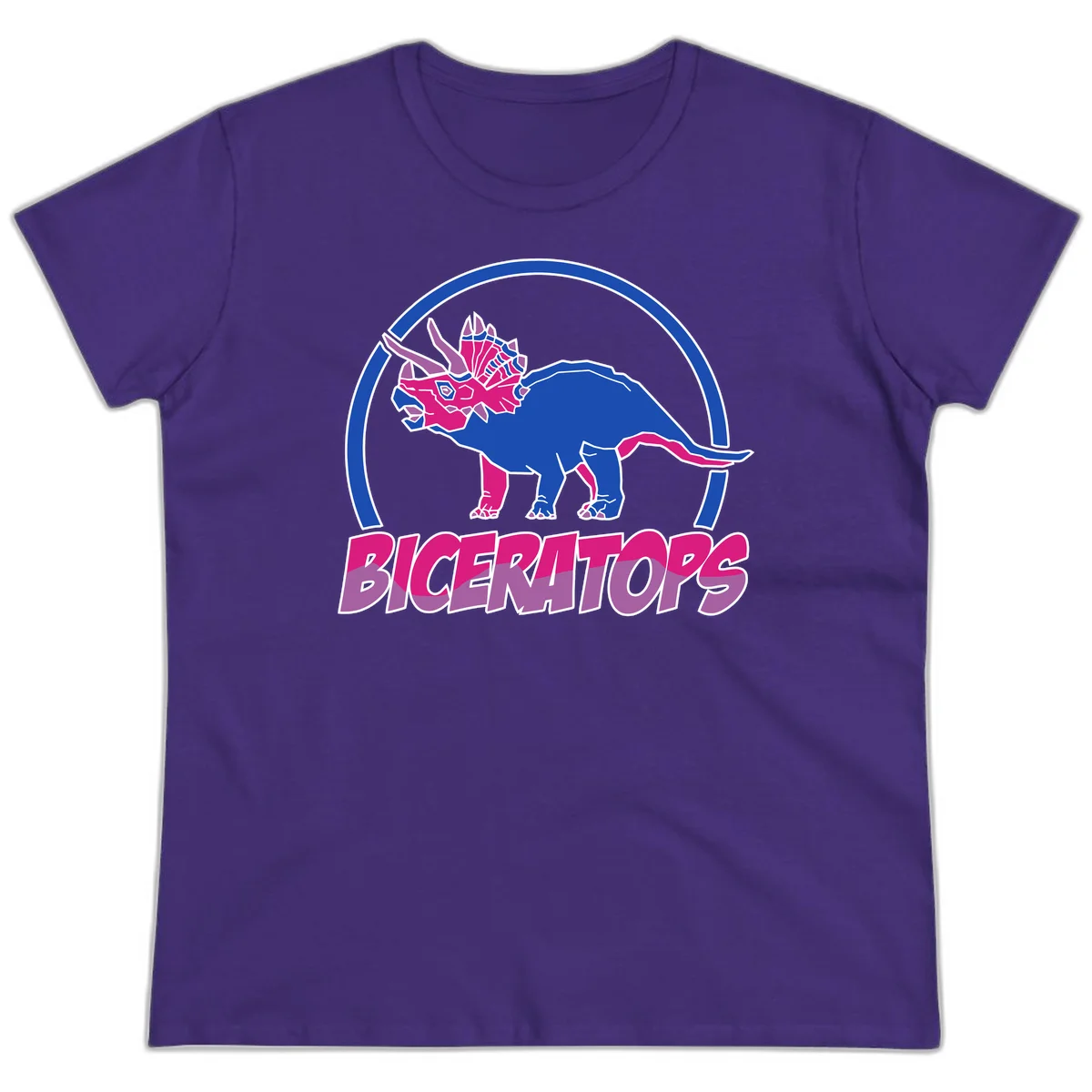 Blue and hot pink geometric triceratops dinosaur mascot inside circular badge with 'Biceritors' text below in Purple