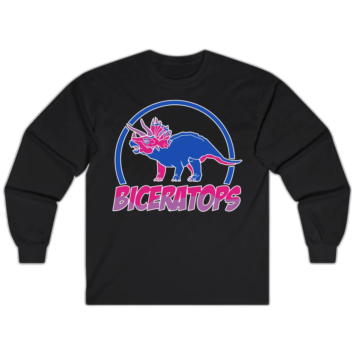 Blue and hot pink geometric triceratops dinosaur mascot inside circular badge with 'Biceritors' text below in Black