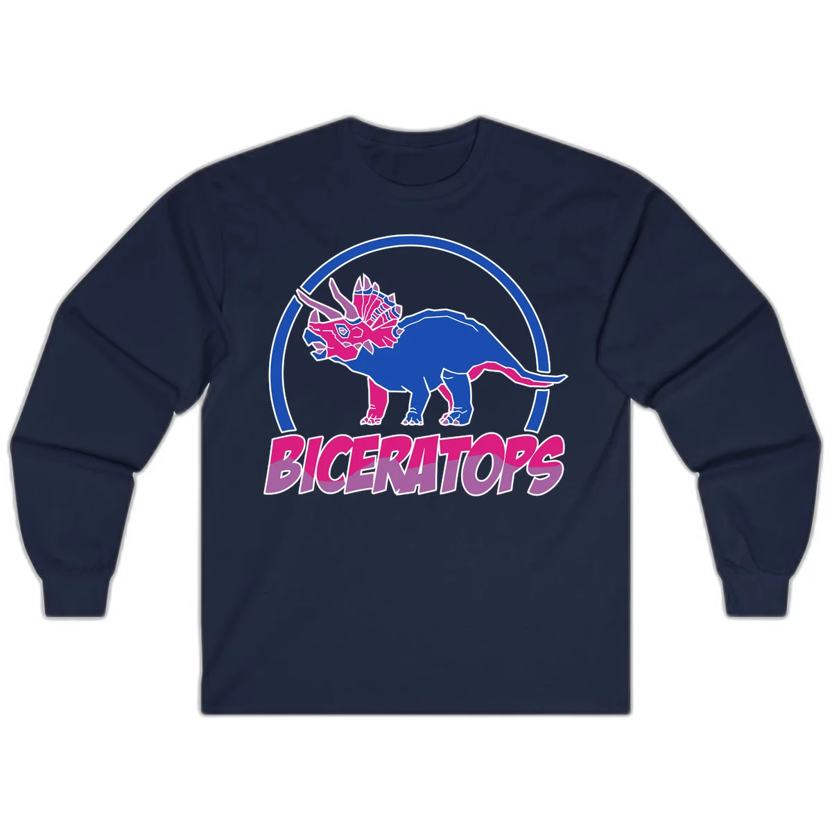 Blue and hot pink geometric triceratops dinosaur mascot inside circular badge with 'Biceritors' text below in Navy