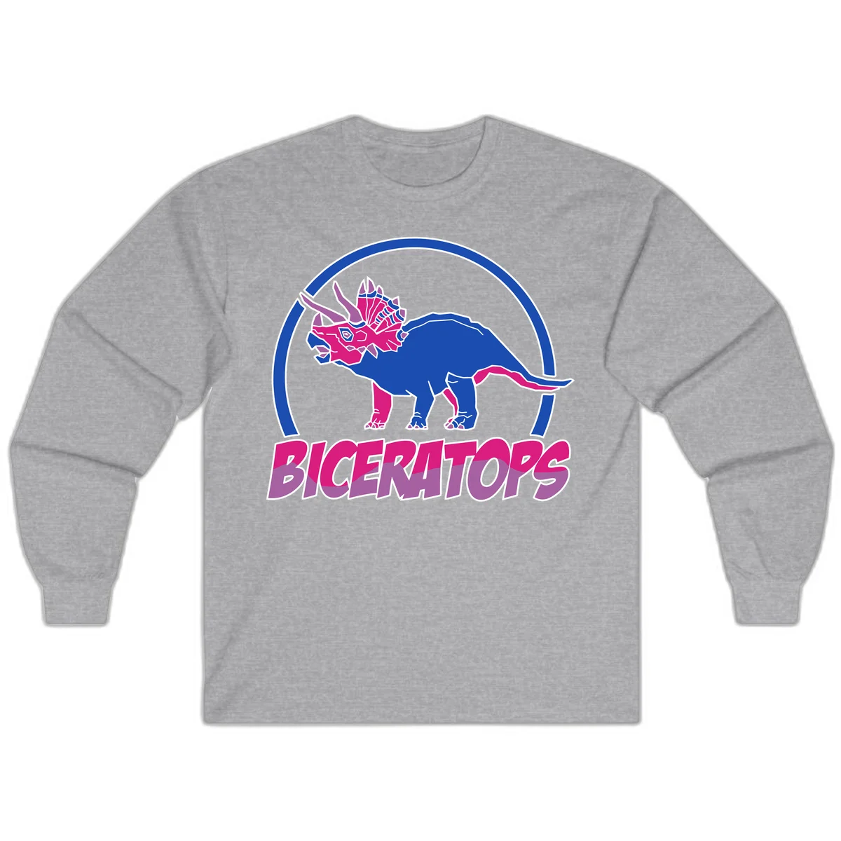 Blue and hot pink geometric triceratops dinosaur mascot inside circular badge with 'Biceritors' text below in Sport Grey