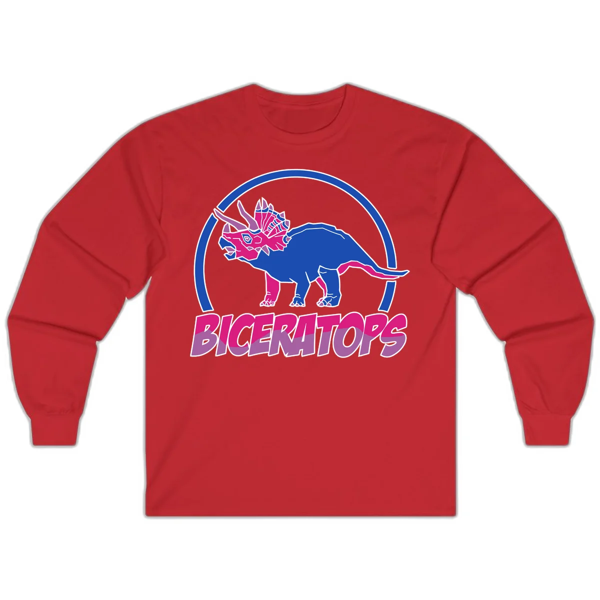 Blue and hot pink geometric triceratops dinosaur mascot inside circular badge with 'Biceritors' text below in Red