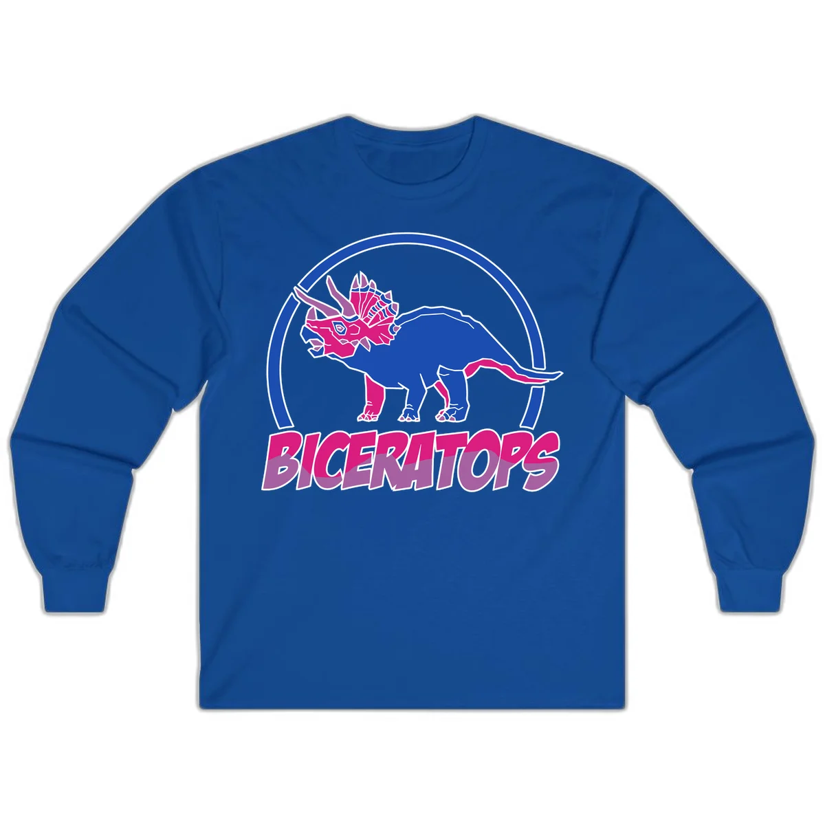 Blue and hot pink geometric triceratops dinosaur mascot inside circular badge with 'Biceritors' text below in Royal