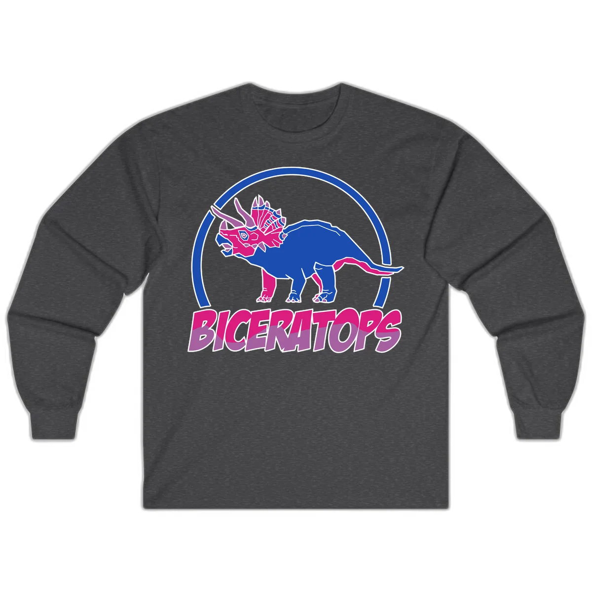 Blue and hot pink geometric triceratops dinosaur mascot inside circular badge with 'Biceritors' text below in Dark Heather