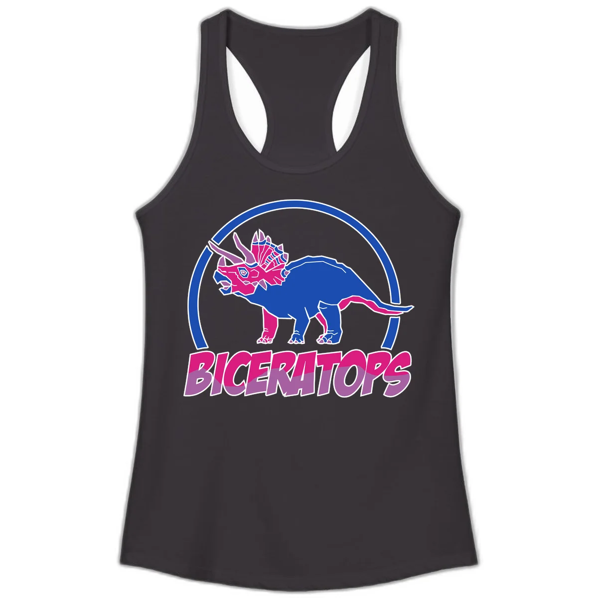 Blue and hot pink geometric triceratops dinosaur mascot inside circular badge with 'Biceritors' text below in Black