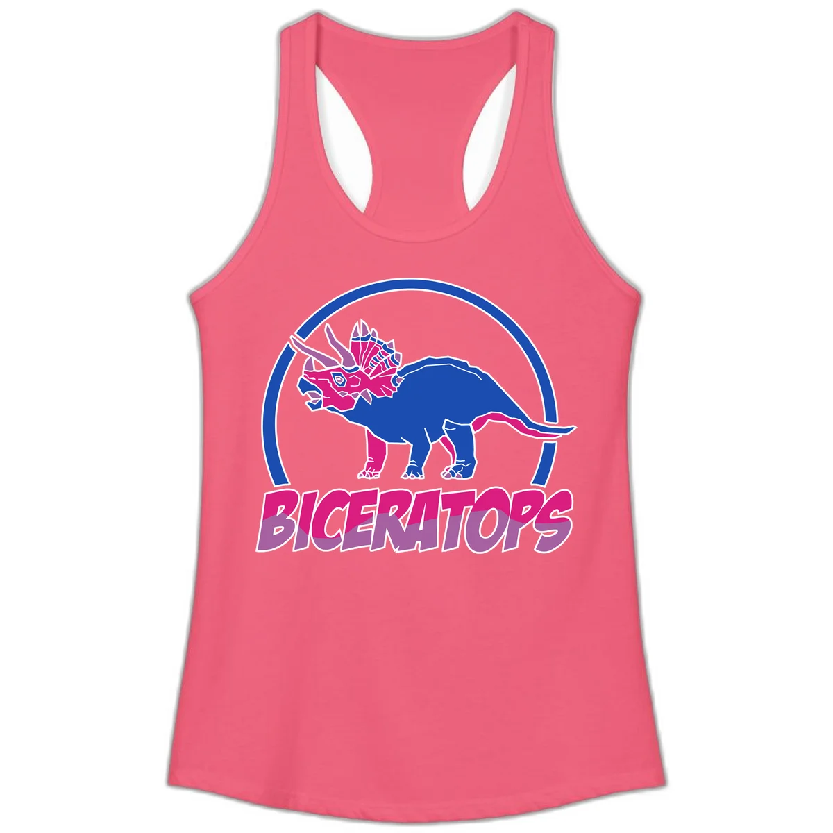 Blue and hot pink geometric triceratops dinosaur mascot inside circular badge with 'Biceritors' text below in Hot Pink