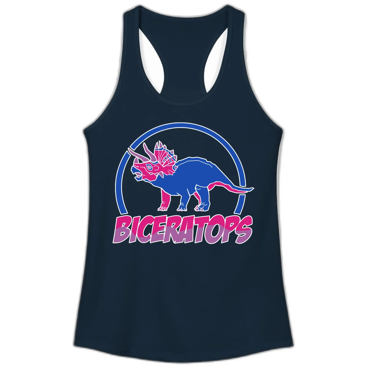 Blue and hot pink geometric triceratops dinosaur mascot inside circular badge with 'Biceritors' text below in Solid Midnight Navy
