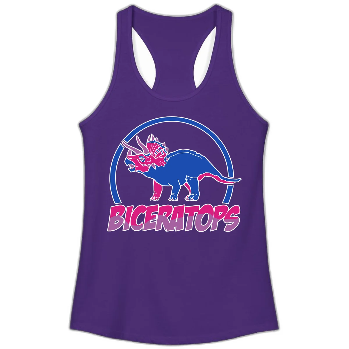 Blue and hot pink geometric triceratops dinosaur mascot inside circular badge with 'Biceritors' text below in Solid Purple Rush