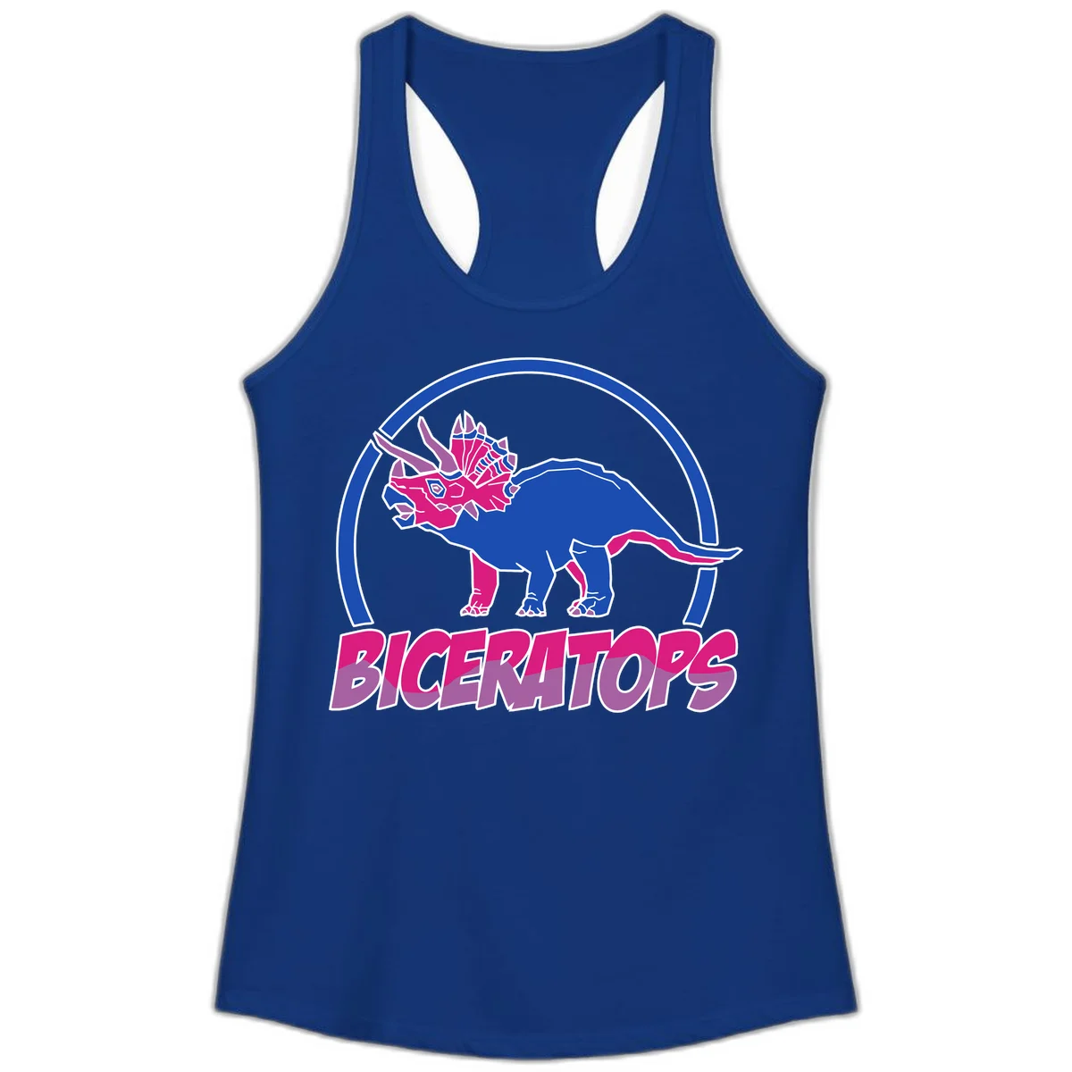 Blue and hot pink geometric triceratops dinosaur mascot inside circular badge with 'Biceritors' text below in Solid Royal
