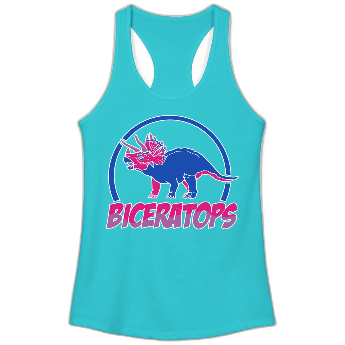 Blue and hot pink geometric triceratops dinosaur mascot inside circular badge with 'Biceritors' text below in Solid Tahiti Blue