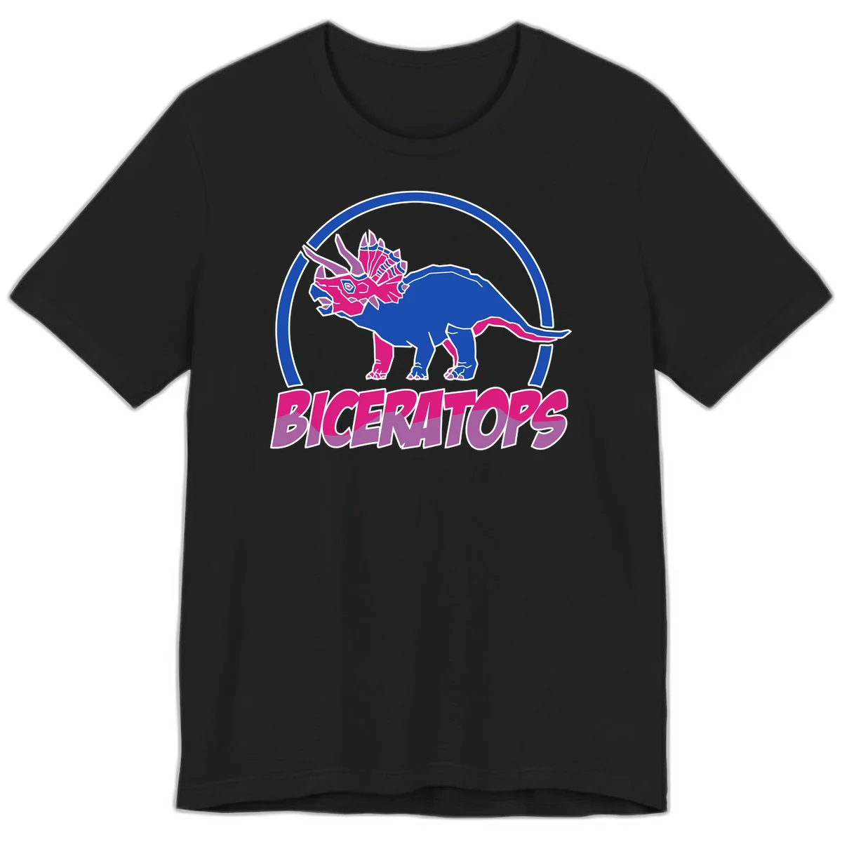 Blue and hot pink geometric triceratops dinosaur mascot inside circular badge with 'Biceritors' text below in Black