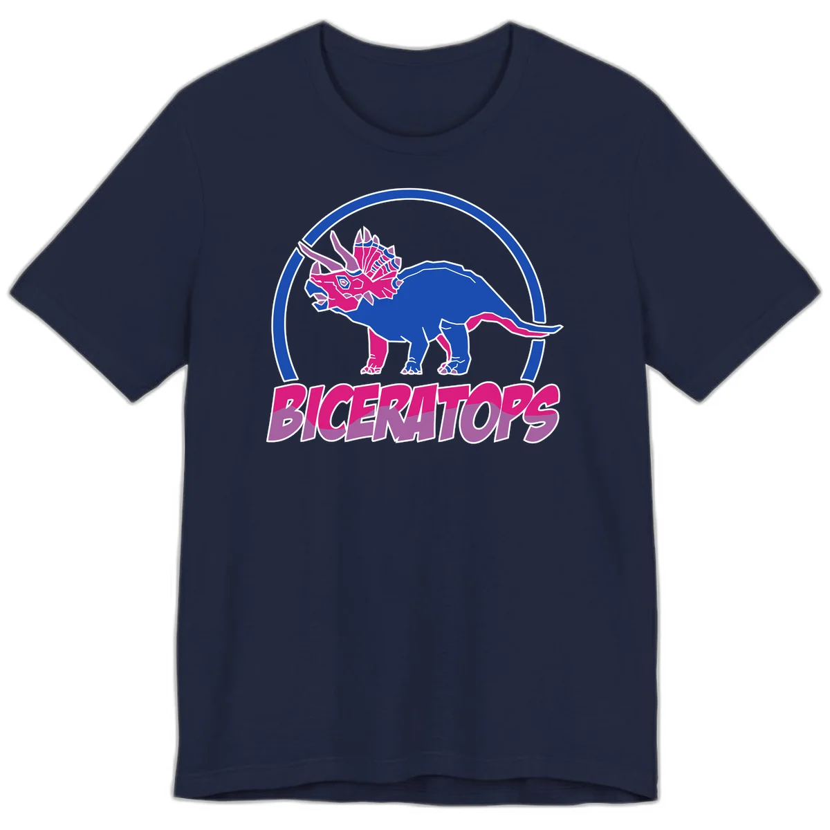 Blue and hot pink geometric triceratops dinosaur mascot inside circular badge with 'Biceritors' text below in Navy