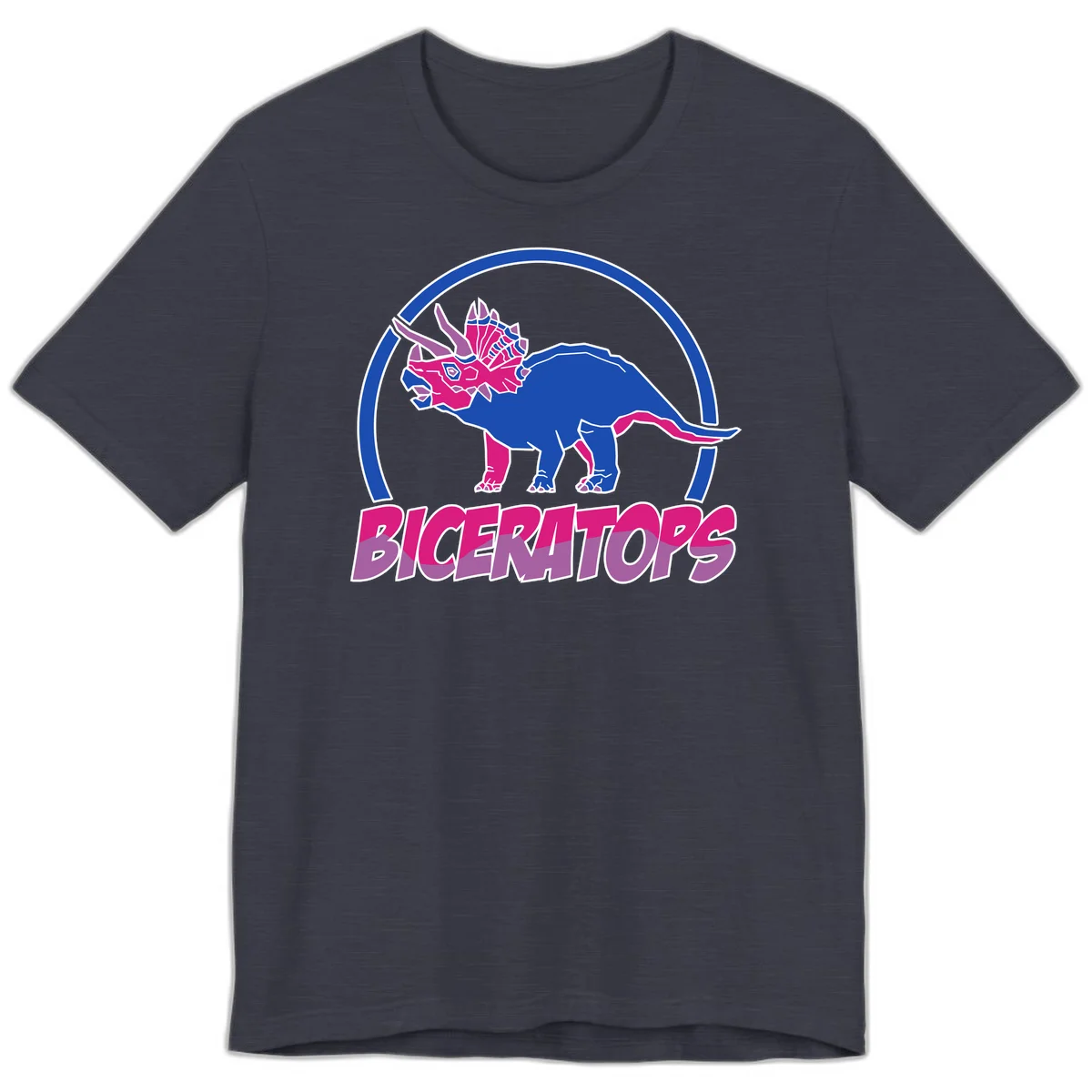 Blue and hot pink geometric triceratops dinosaur mascot inside circular badge with 'Biceritors' text below in Heather Midnight Navy