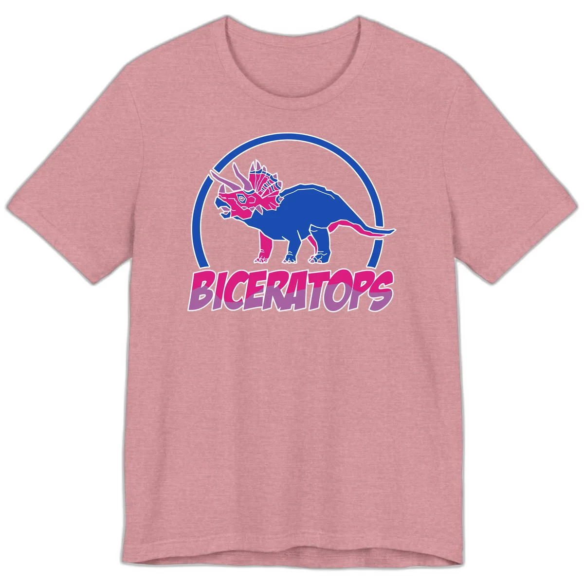 Blue and hot pink geometric triceratops dinosaur mascot inside circular badge with 'Biceritors' text below in Heather Orchid