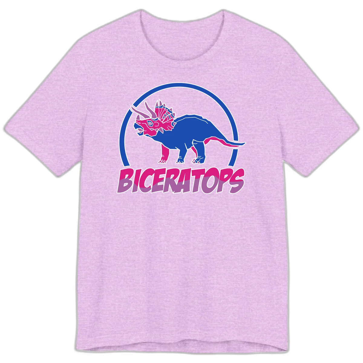 Blue and hot pink geometric triceratops dinosaur mascot inside circular badge with 'Biceritors' text below in Heather Prism Lilac