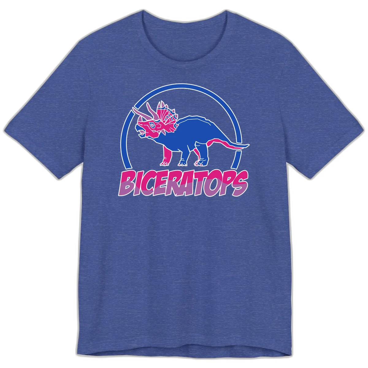 Blue and hot pink geometric triceratops dinosaur mascot inside circular badge with 'Biceritors' text below in Heather True Royal