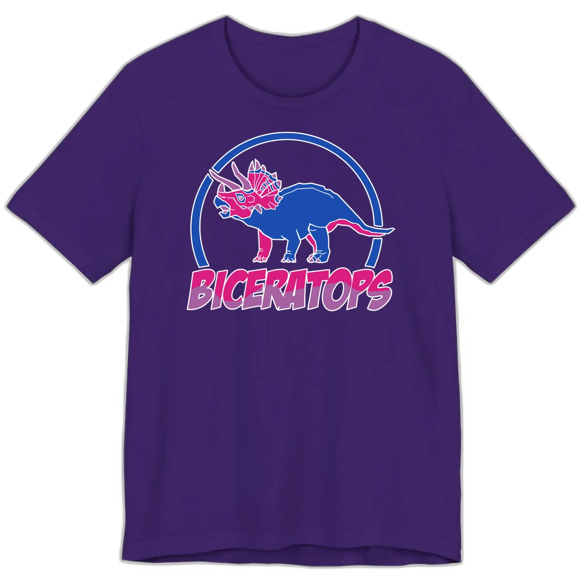 Blue and hot pink geometric triceratops dinosaur mascot inside circular badge with 'Biceritors' text below in Team Purple