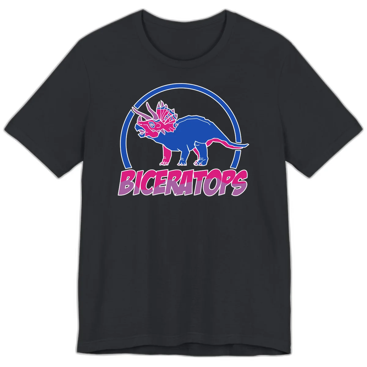 Blue and hot pink geometric triceratops dinosaur mascot inside circular badge with 'Biceritors' text below in Vintage Black
