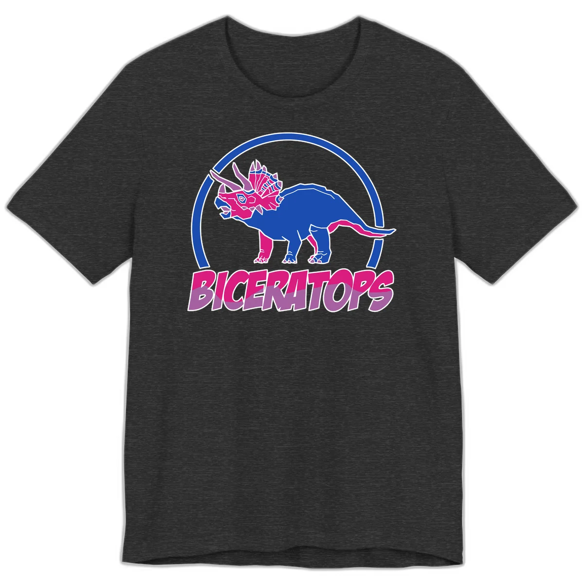 Blue and hot pink geometric triceratops dinosaur mascot inside circular badge with 'Biceritors' text below in Dark Grey Heather