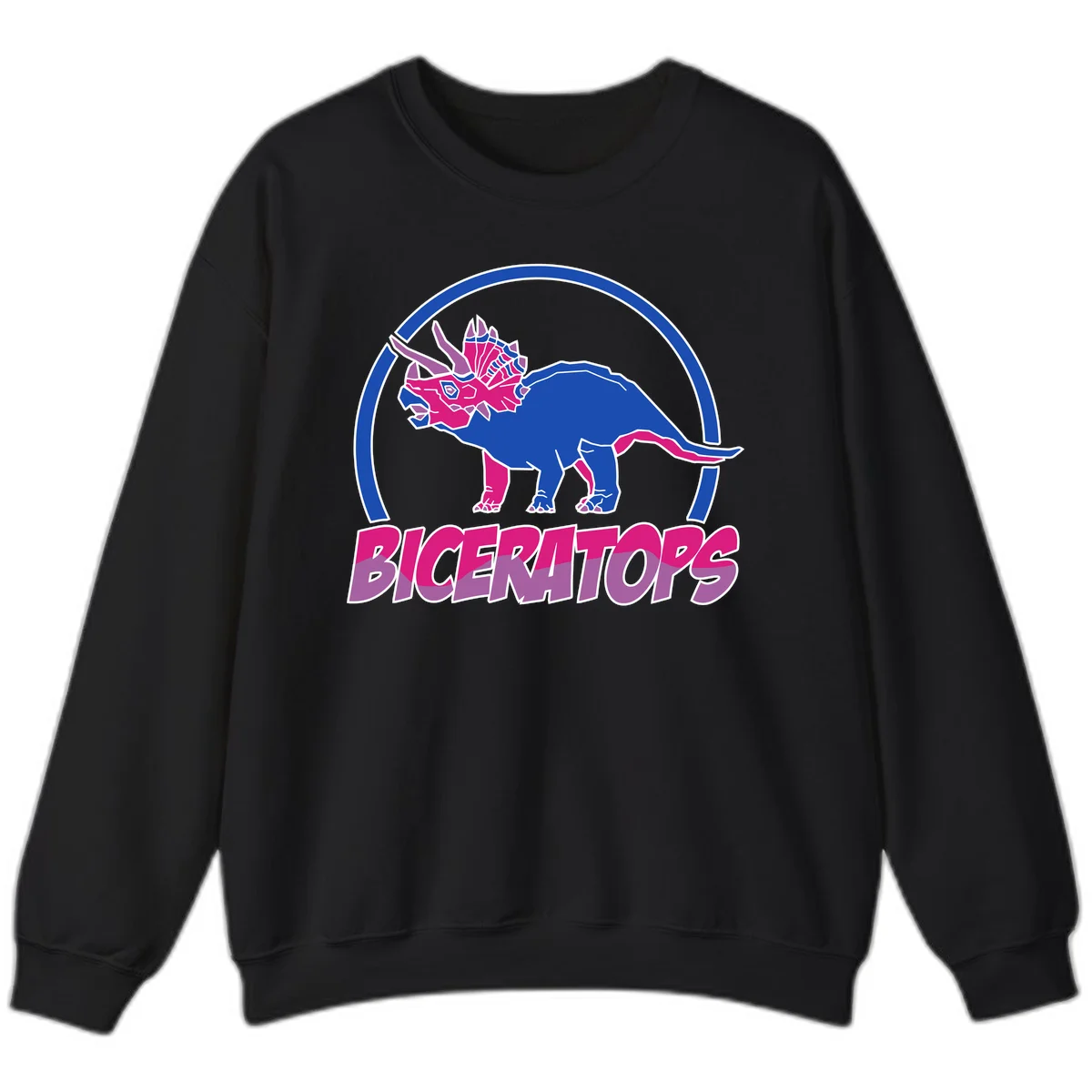 Blue and hot pink geometric triceratops dinosaur mascot inside circular badge with 'Biceritors' text below in Black
