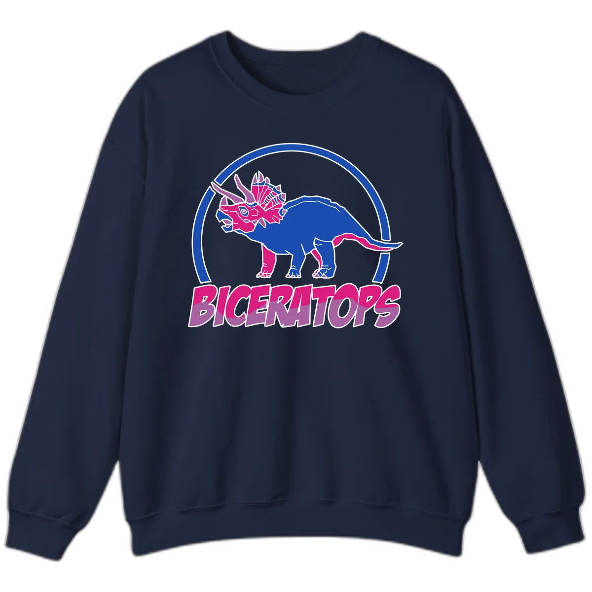 Blue and hot pink geometric triceratops dinosaur mascot inside circular badge with 'Biceritors' text below in Navy