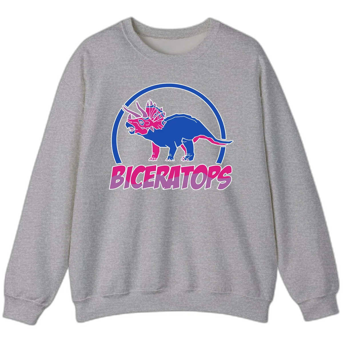 Blue and hot pink geometric triceratops dinosaur mascot inside circular badge with 'Biceritors' text below in Sport Grey