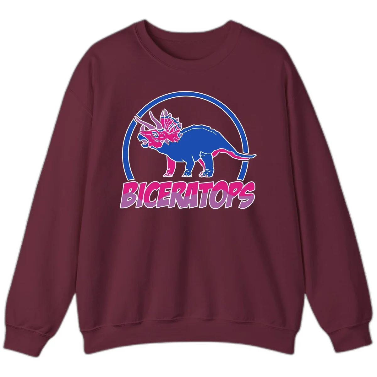 Blue and hot pink geometric triceratops dinosaur mascot inside circular badge with 'Biceritors' text below in Maroon